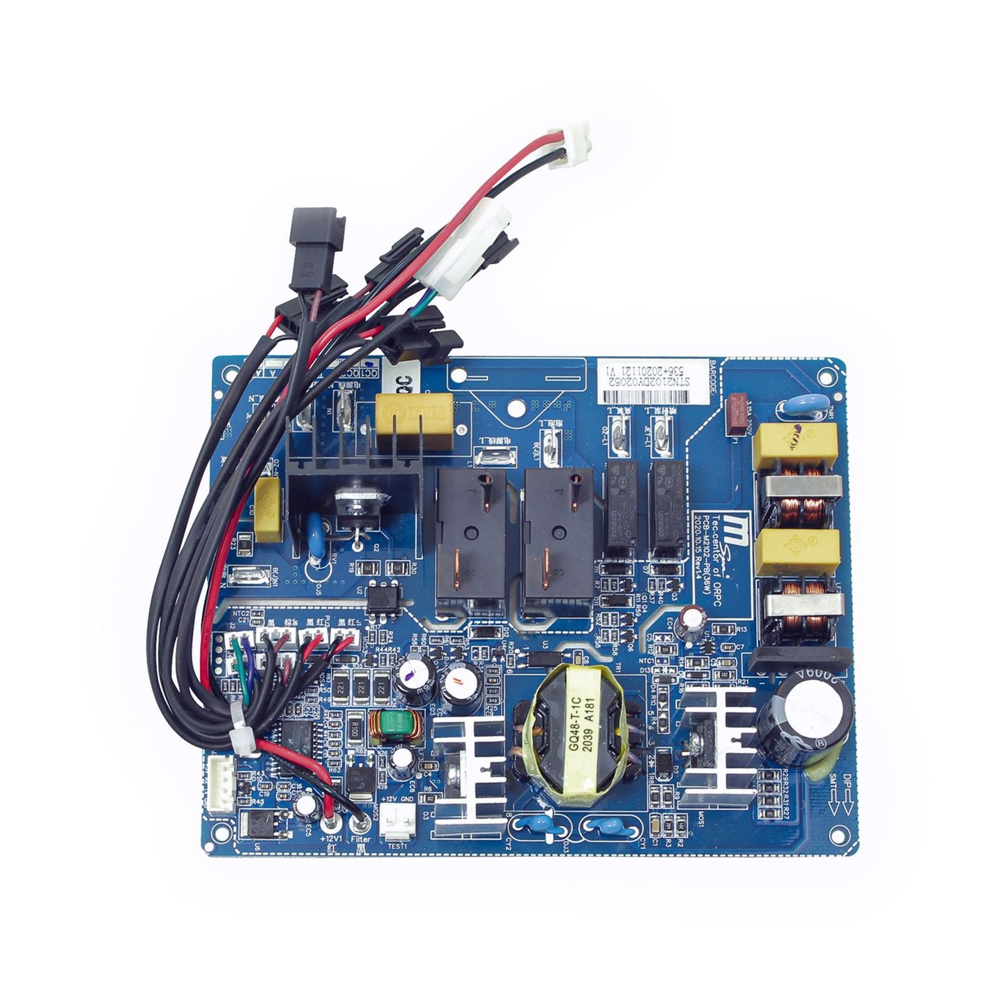 Electrical circuit board with various components on a white background