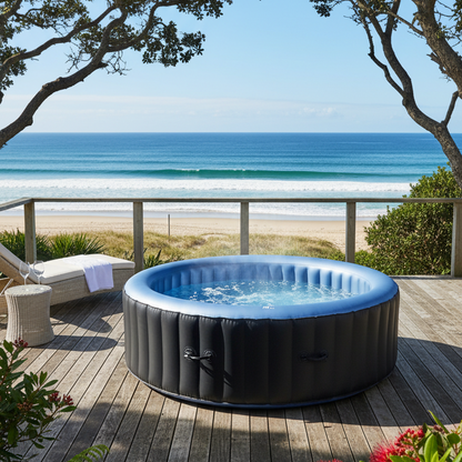 Inflatable hot tub portable spa pool on a wooden deck with ocean view. New Zealand bach setup