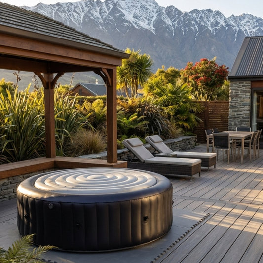Outdoor patio with inflatable hot tub winter bundle, and New Zealand mountain view - portable spas NZ