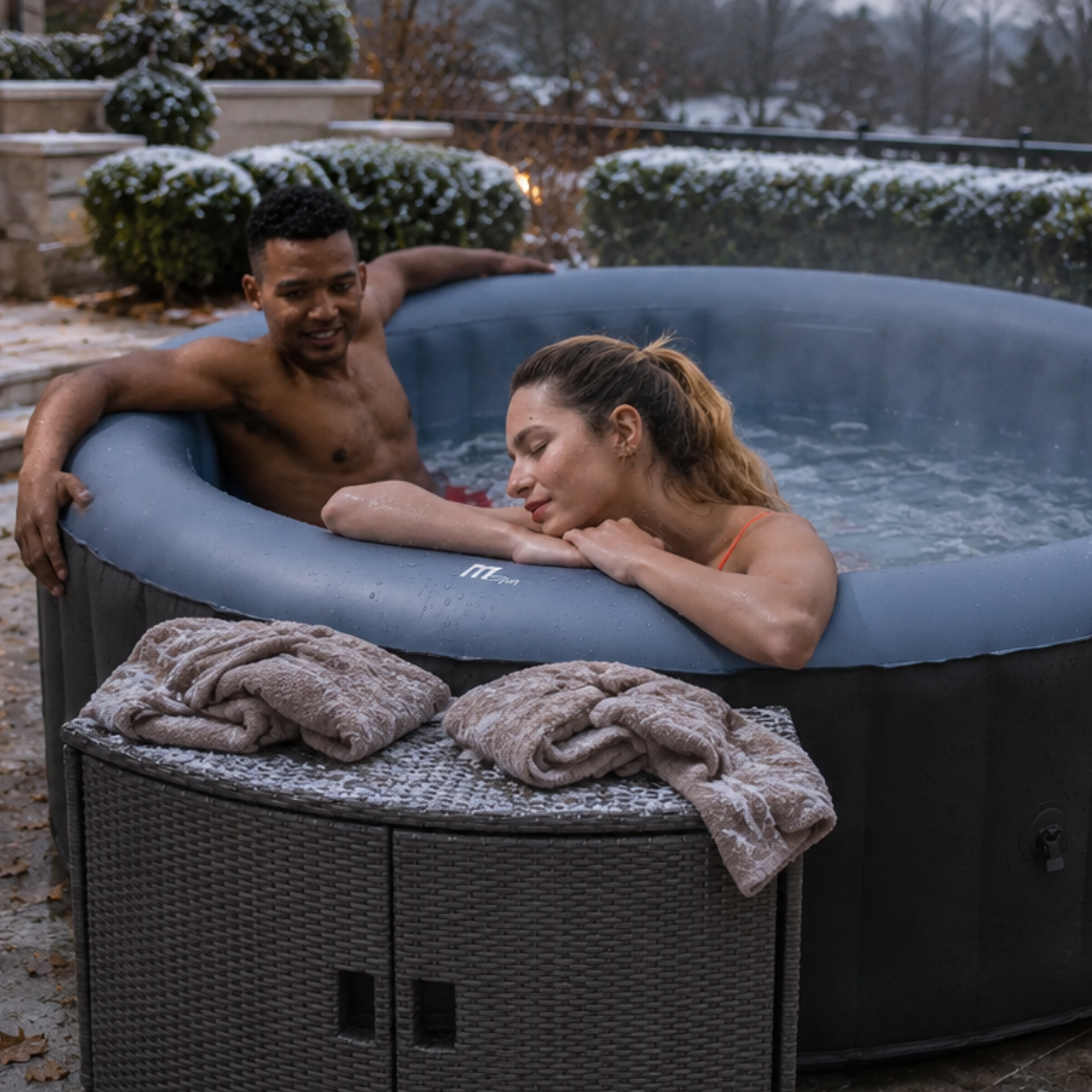 Two people relaxing in a Bergen MSpa hot tub outdoors with a Wicker Cabinet Round during cold winter day - portable sps NZ