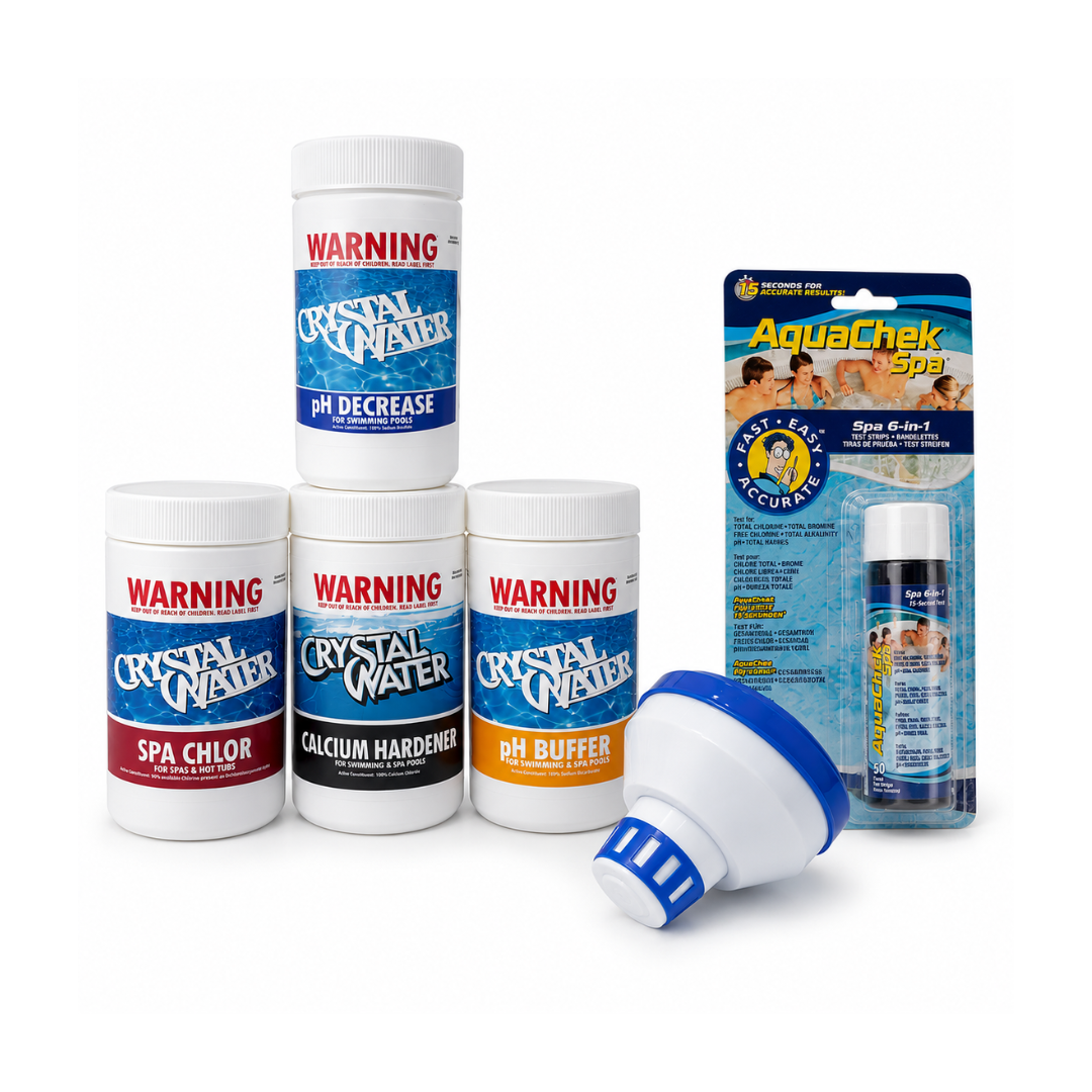 Spa and pool water treatment products including chlorine, calcium hardener, pH buffer and pH decrease and a test strip pack - Portable Spas NZ