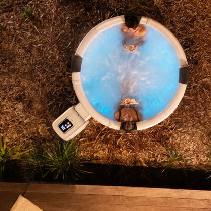 Round hot tub that looks like traditional hard shell spa pool, but are still truly portable with Improved energy use - portablespasnz