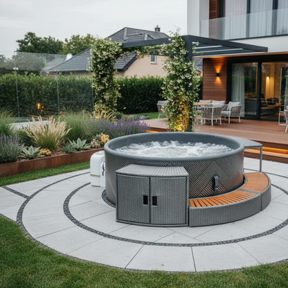 Hot tub in a modern family outdoor setting with a house and NZ garden in the background