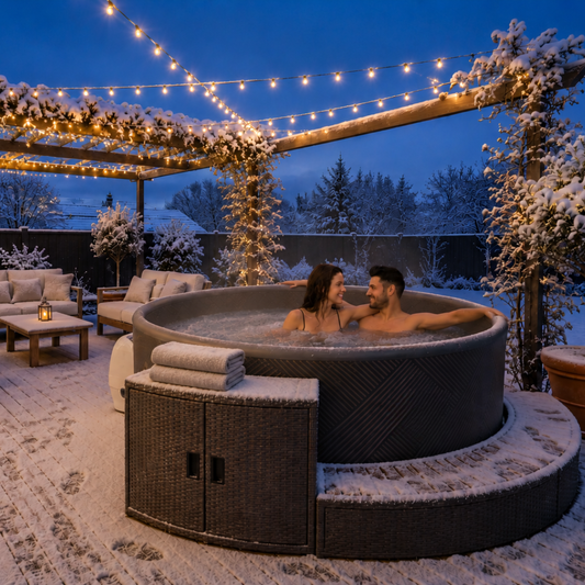 Couple in a hot tub surrounded by string lights and snow-covered trees at night  portable spas NZ