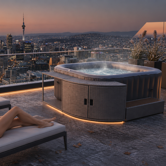 Tekapo MSpa hot tub with a Wicker Cabinet on a rooftop with cityscape Auckland view at night -  Portable Spas NZ