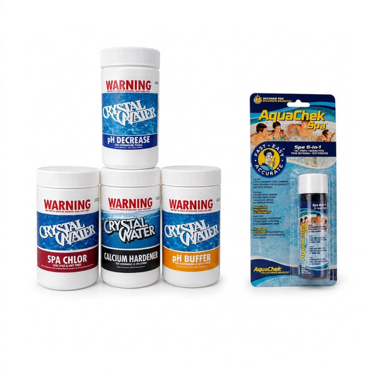 Spa and pool water treatment products including chlorine, calcium hardener, pH buffer and pH decrease and a test strip pack - Portable Spas NZ
