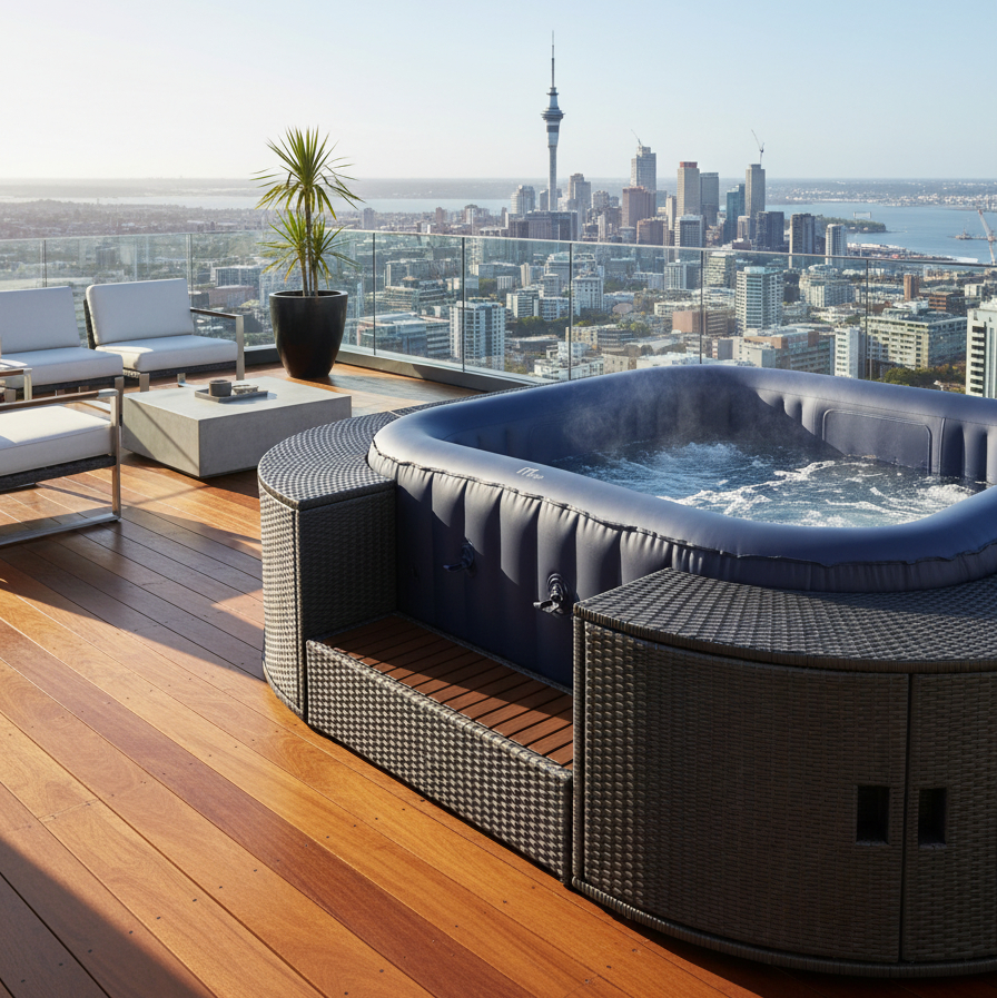 Hot tub on a rooftop deck with a city skyline view